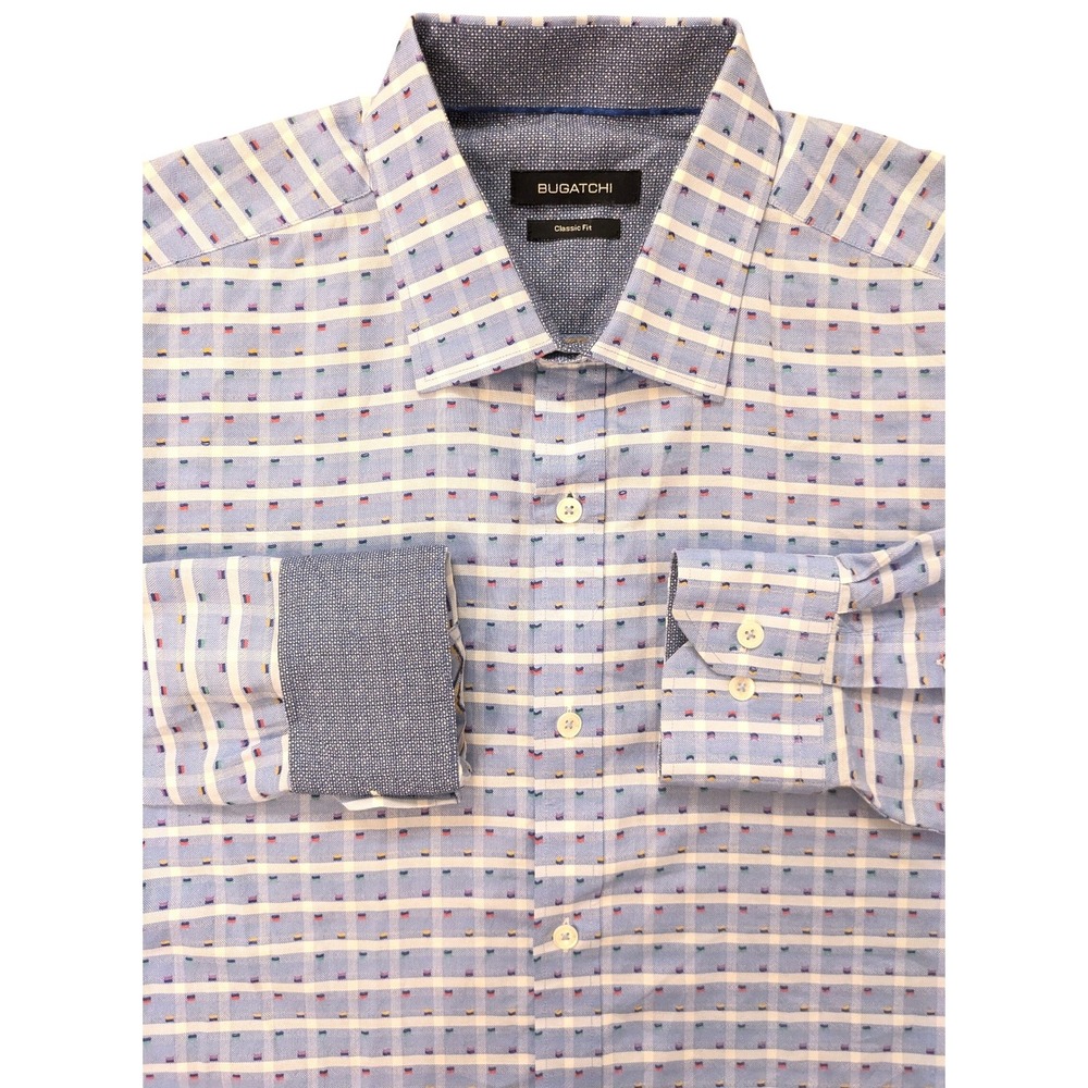 Bugatchi Men's XXL‎ Shirt Classic Fit Blue Check Grid Multicolor Dot 100% Cotton